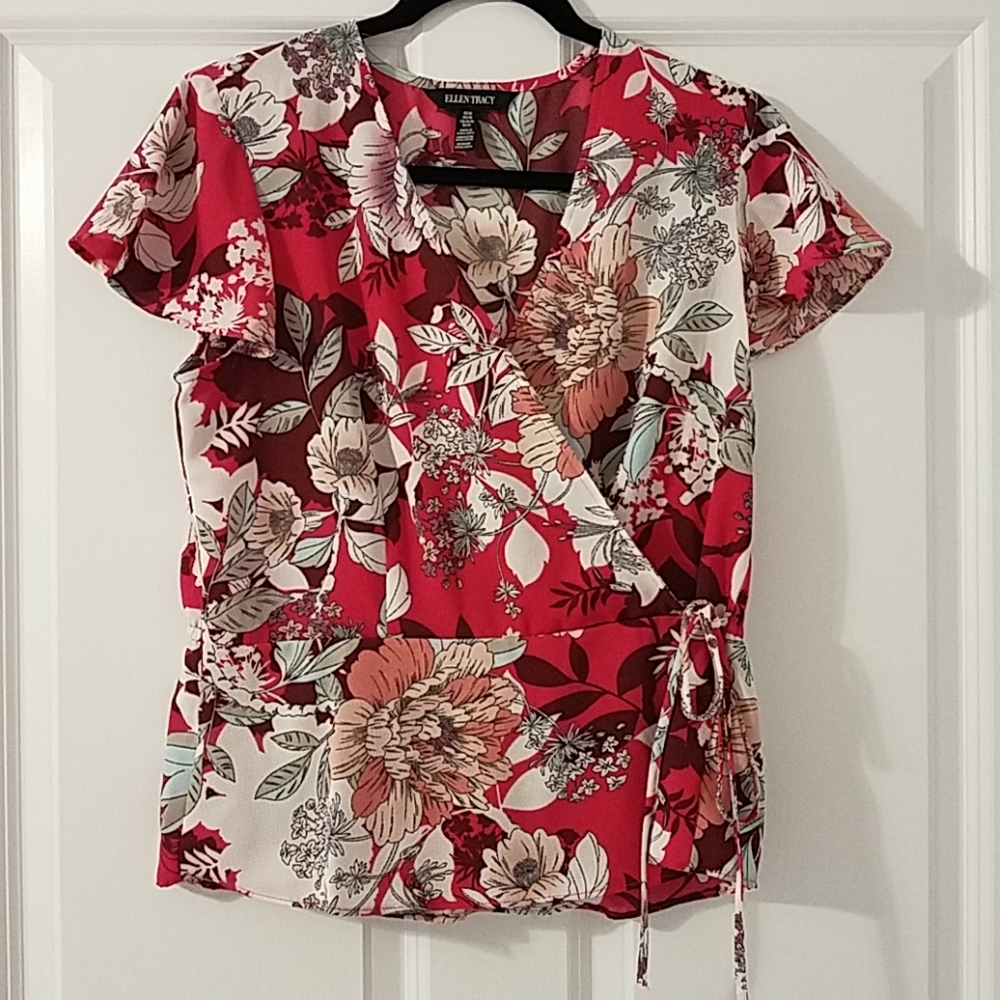 Ellen Tracy Floral Career Wrap Blouse